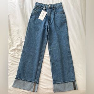 Frame Denim Mid-Blue Wide-Leg Jeans with Cuffed Hem